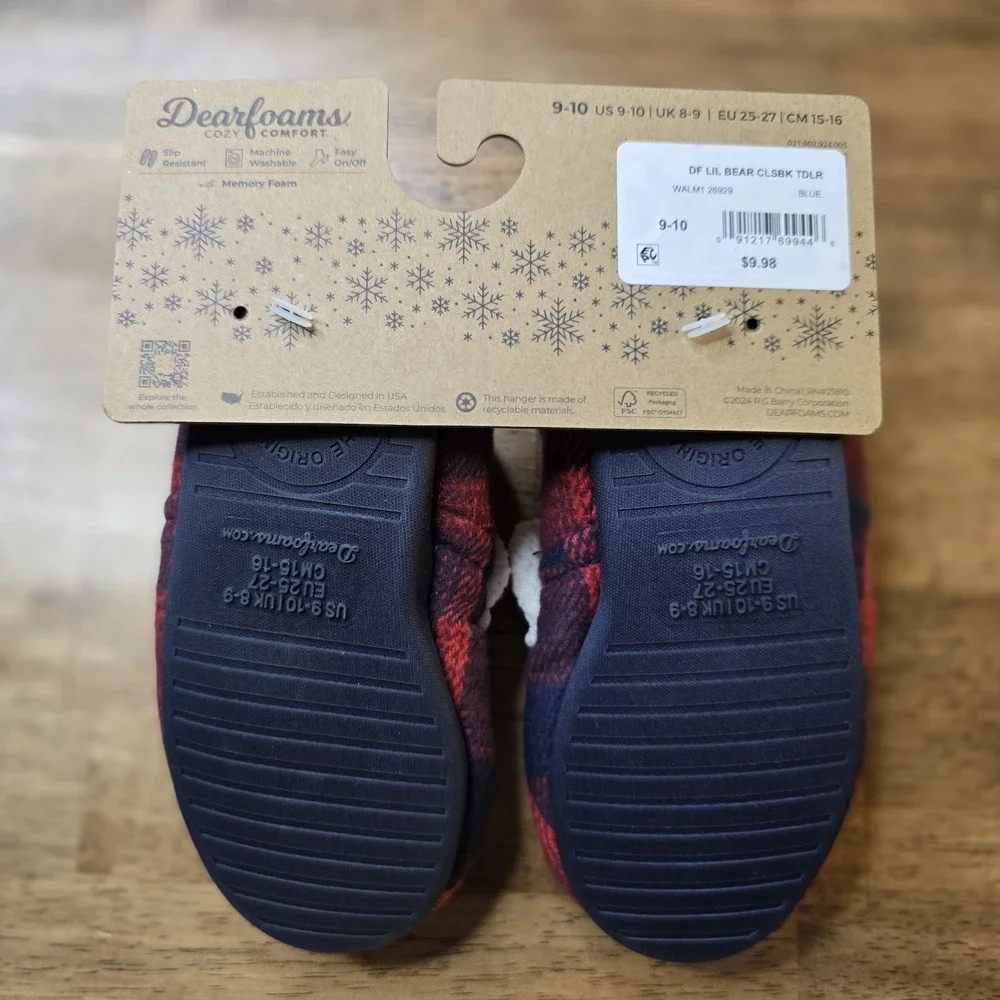 Dearfoams Lil Bear Slippers Kids Size 9/10 Red Blue Buffalo Plaid NWT